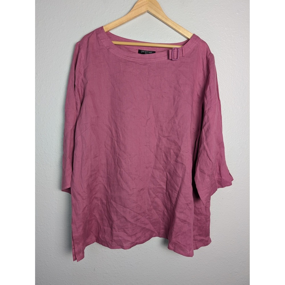 Paraphrase Tunic Blouse Womens 3X Pink 100% Linen Boat Neck 3/4 Sleeve Side Slit